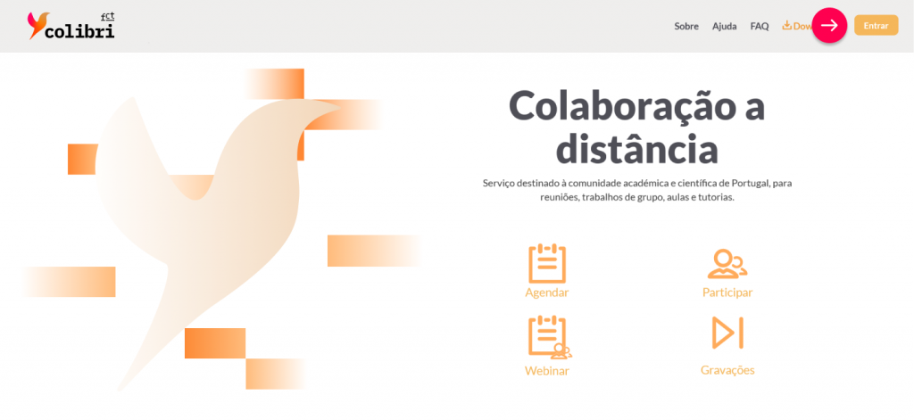 Portal do Colibri com indicação onde se encotra o botão de entrar, no canto superior direito da janela
