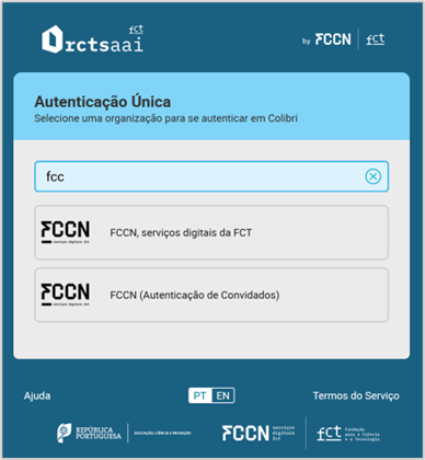 Janela exemplo do seletor de instituição do serviço de autenticação RCTSaai
